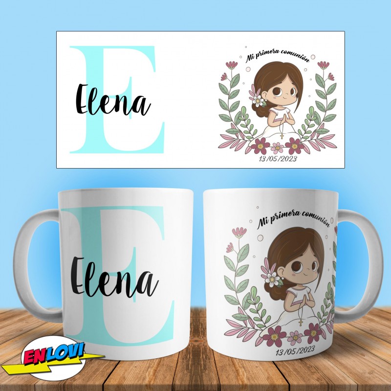 Taza comunión para niña con inicial y nombre